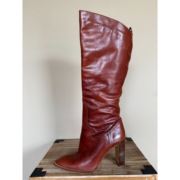 ZARA Brown Genuine Leather Pointy Toe Western Stitch Knee High Boots Size 9 - Picture 5 of 14